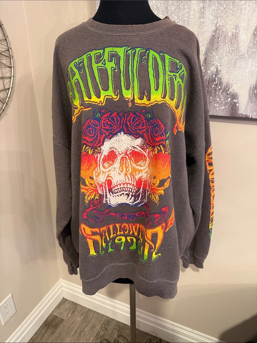 Grateful Dead Graphic Crewneck Sweater - Charcoal with Neon Skull Print